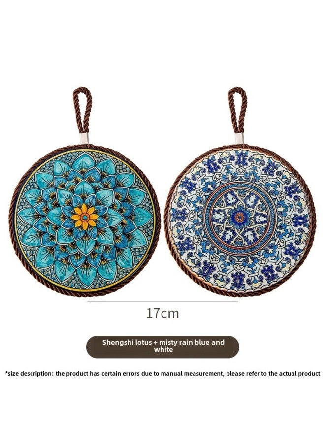 Retro Heat Insulation Pad High Temperature Resistant Casserole Anti-scalding Pad Enamel Pot Cushion Ceramic New Chinese Style Non-slip Dining Table Plate Cushion-color:Shengshi Lotus + Misty Rain Blue And White  - Image 1