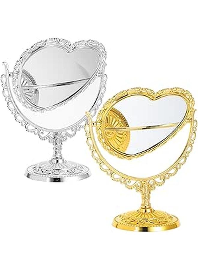Vintage Double Sided Rotatable Heart Shaped Vanity Mirror Set Gold Silver - Image 1