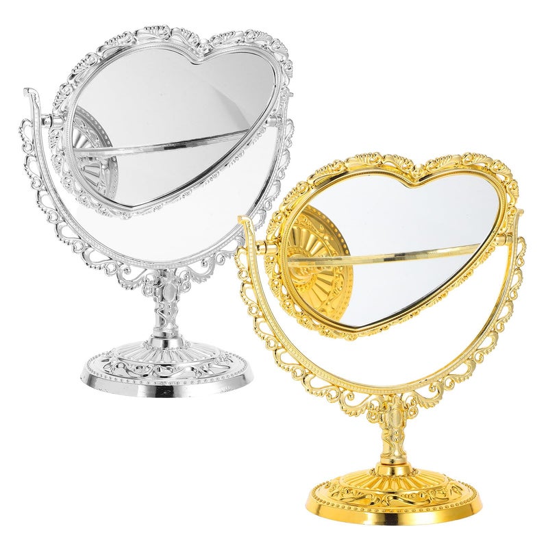 Vintage Double Sided Rotatable Heart Shaped Vanity Mirror Set Gold Silver - Image 2