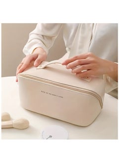Generic Large Capacity Travel Cosmetic Bag, Multifunction Organizer Storage Bag, Makeup Bag with Handle and Dividers, Skincare Dispenser, Toiletry Bag for Women, 9.25x4.13x4.33 inch - Beige.  - Image 1