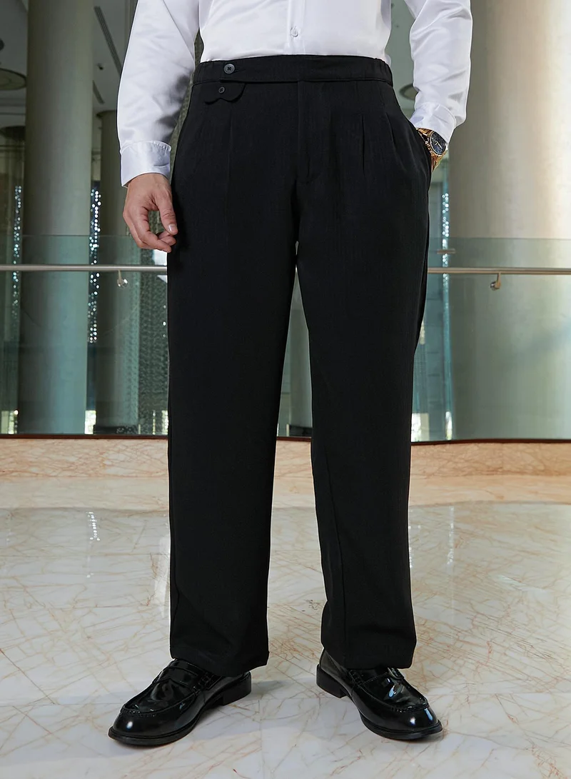 Campus Sutra Men's Onyx Black Pleated Extended-Button Trousers