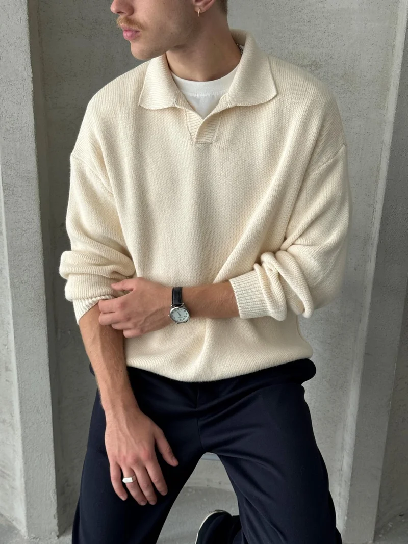 HYMAN Men's Polo Collar Knitted Oversize Sweater
