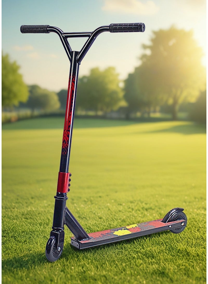 إيزي فيتشور سكوتر حركات بهلوانية احترافي من إيزي فيوتشر - عجلتان، سطح من الألومنيوم مع شريط تثبيت، عجلات من الألومنيوم 110 مم، مقود عريض على شكل حرف T، فرامل فولاذية، سكوتر حركات بهلوانية خفيف الوزن بزاوية 360 درجة للمبتدئين والمتوسطين - Image 1