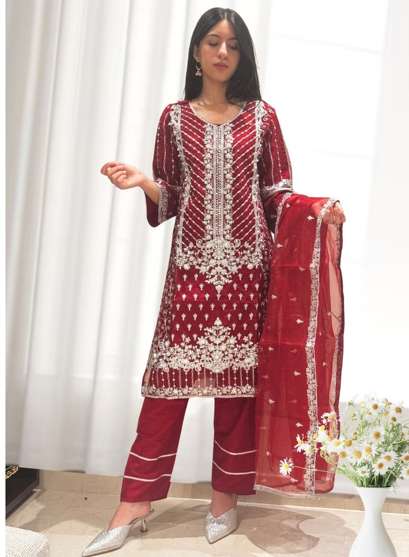 Winchell's Embroidered Fancy Organza Shirt & Dupatta with Silk Trousers, Embellished with Pearls & Crystals | Red | Large - Image 1