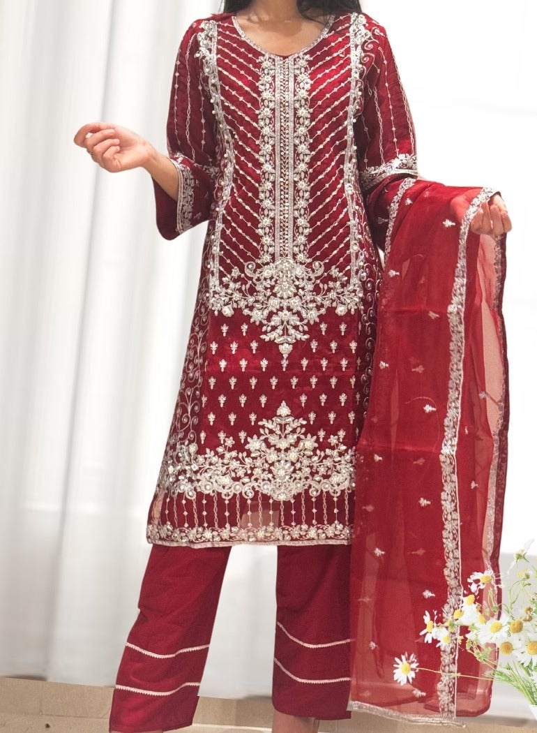 Winchell's Embroidered Fancy Organza Shirt & Dupatta with Silk Trousers, Embellished with Pearls & Crystals | Red | Large - Image 2