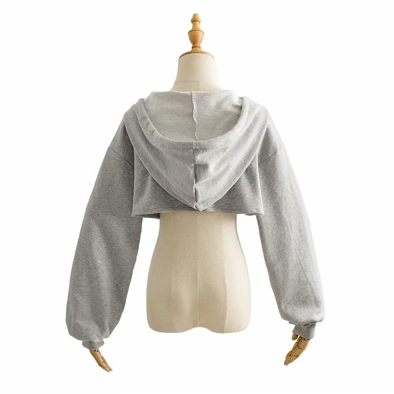 European and American Ins stacked ultra-short sports drawstring hooded sweater womens solid color Joker long sleeve hoodie sweater wholesale Grey  - Image 1