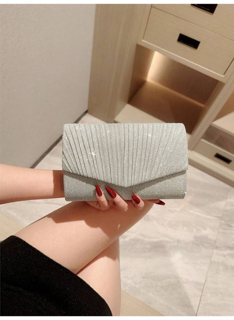 Women’s Evening Clutch Bag – Shiny Silver Modern Pleated Design, Perfect for Parties and Special Occasions - Image 1