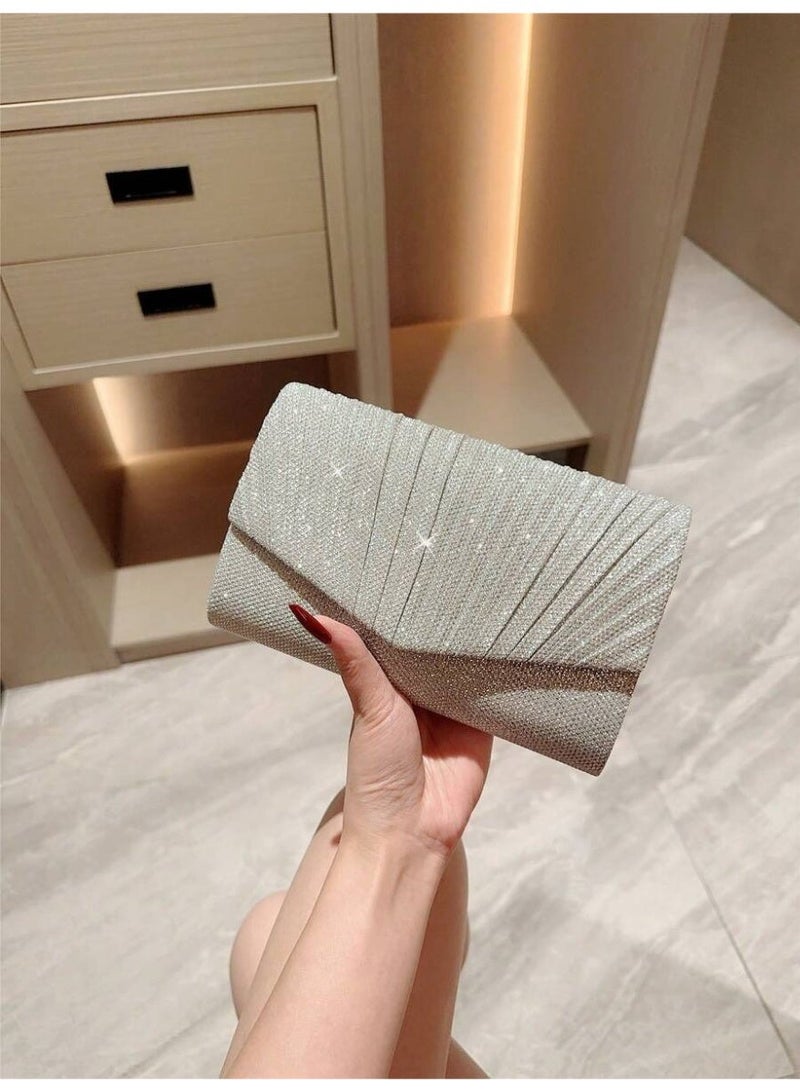 Women’s Evening Clutch Bag – Shiny Silver Modern Pleated Design, Perfect for Parties and Special Occasions - Image 4