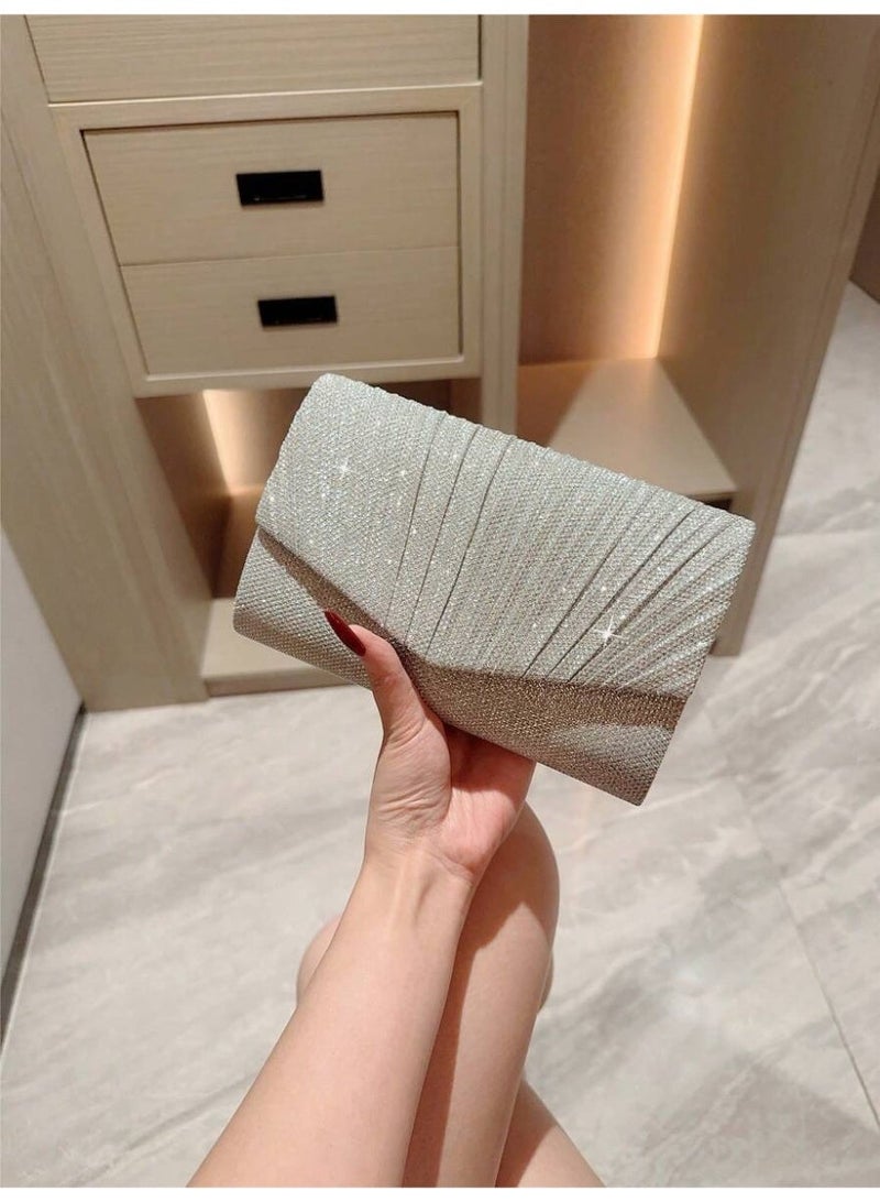Women’s Evening Clutch Bag – Shiny Silver Modern Pleated Design, Perfect for Parties and Special Occasions - Image 2