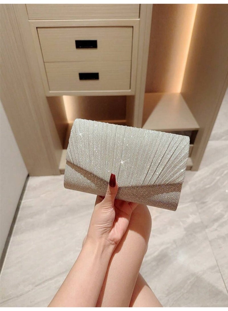 Women’s Evening Clutch Bag – Shiny Silver Modern Pleated Design, Perfect for Parties and Special Occasions - Image 3