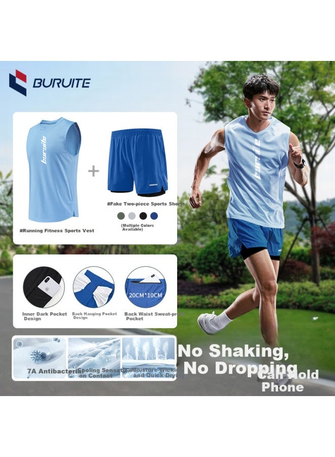 Buruite Men's Running Sports Set： Ice Silk Vest T-shirt, Quick-dry Shirt, Loose-fitting Marathon Track And Field Training Fitness Wear, Shorts - Image 1