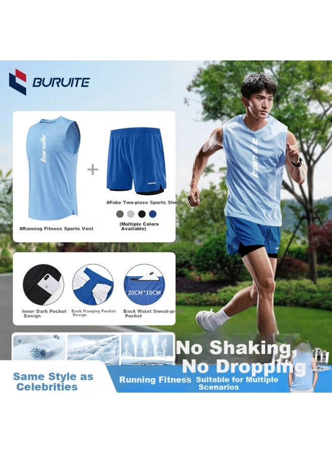 Buruite Men's Running Sports Set： Ice Silk Vest T-shirt, Quick-dry Shirt, Loose-fitting Marathon Track And Field Training Fitness Wear, Shorts - Image 2