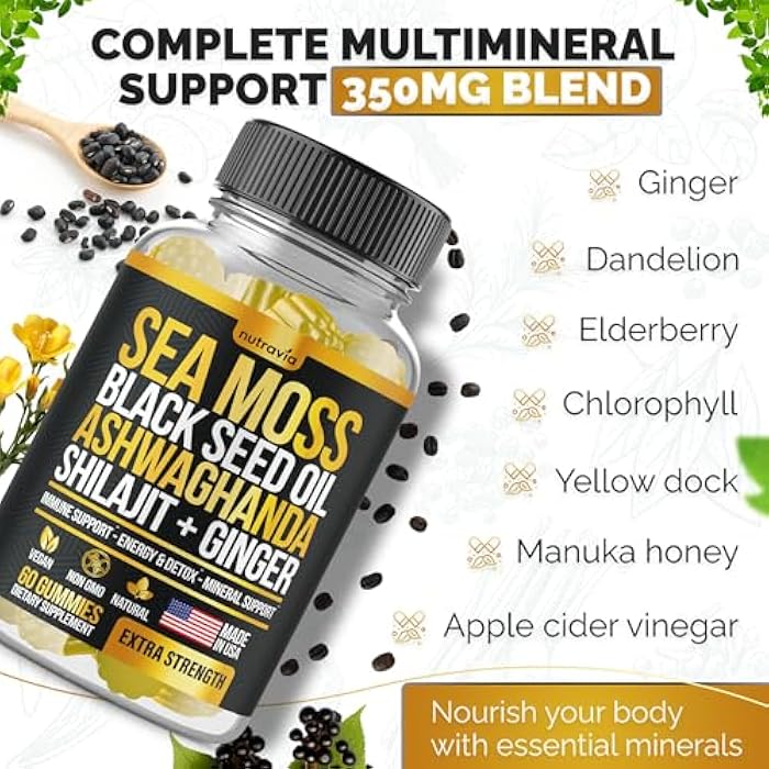 Nutravia جيلاتين البحر، زيت الحبة السوداء، أشواغاندا، زنجبيل، شيلاجيت مع توت البلسان، كلوروفيل، كركم، جيلاتين البحر من بلادرواك، صيغة القوة المتقدمة - كل شيء في حزمة واحدة - صنع في الولايات المتحدة (60 جيلاتين)  - Image 5