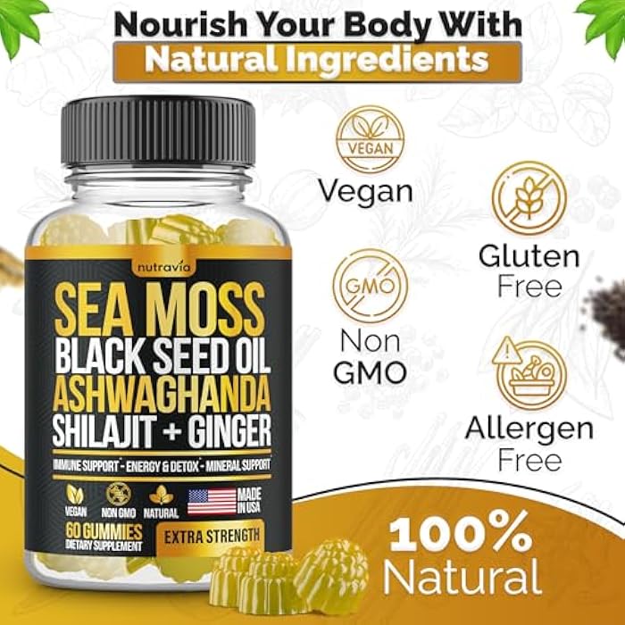 Nutravia جيلاتين البحر، زيت الحبة السوداء، أشواغاندا، زنجبيل، شيلاجيت مع توت البلسان، كلوروفيل، كركم، جيلاتين البحر من بلادرواك، صيغة القوة المتقدمة - كل شيء في حزمة واحدة - صنع في الولايات المتحدة (60 جيلاتين)  - Image 2