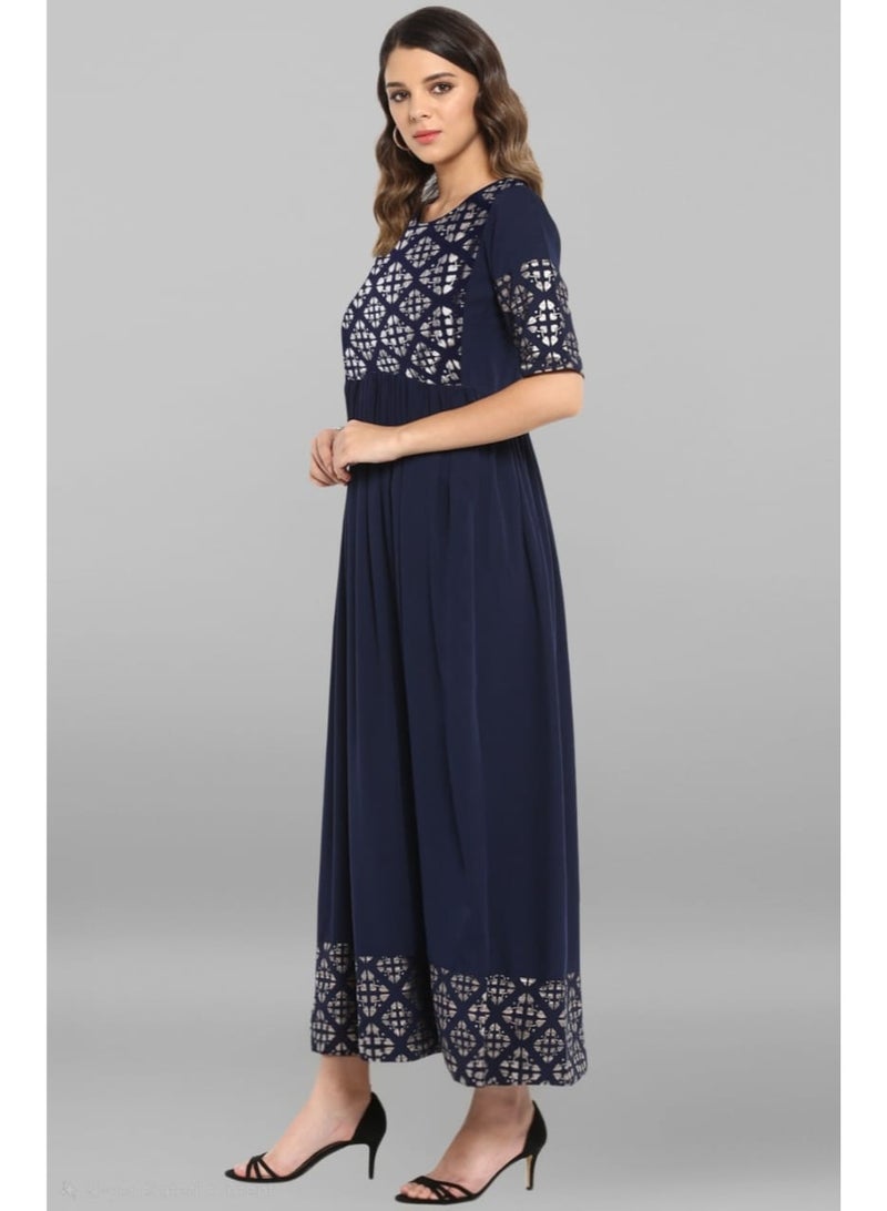 IndHeritage Premium poly crepe dark blue colour women's dress with silver colour sleeves & neck detailing - Image 2