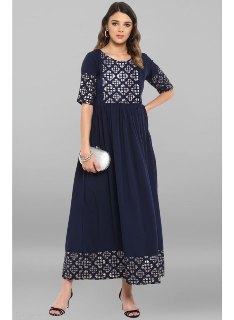IndHeritage Premium poly crepe dark blue colour women's dress with silver colour sleeves & neck detailing - Image 4