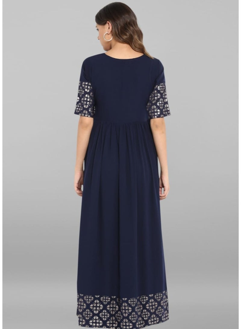 IndHeritage Premium poly crepe dark blue colour women's dress with silver colour sleeves & neck detailing - Image 5