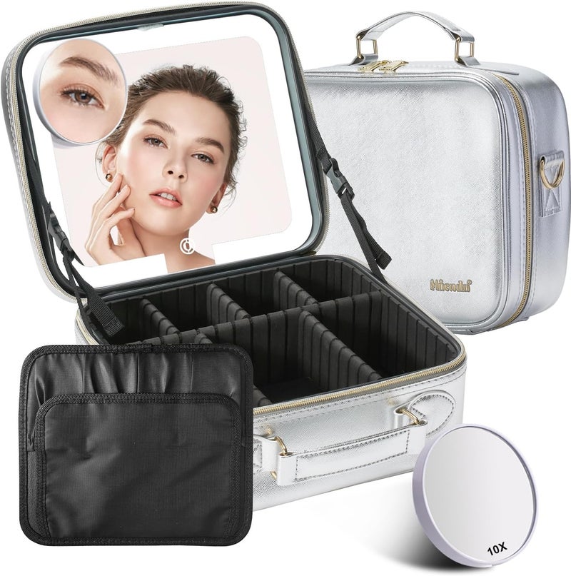 Mocado Travel Makeup Bag with LED Lighted Mirror,Travel Makeup Organizer,Makeup Case with 3 Color Lighted Setting and 10x Magnifying Mirror,Portable Storage and Adjustable Dividers Makeup Box(Silver) - Image 1