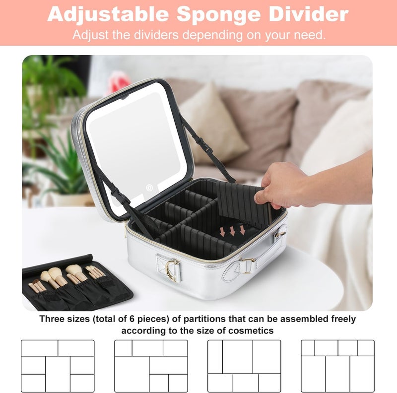 Mocado Travel Makeup Bag with LED Lighted Mirror,Travel Makeup Organizer,Makeup Case with 3 Color Lighted Setting and 10x Magnifying Mirror,Portable Storage and Adjustable Dividers Makeup Box(Silver) - Image 5