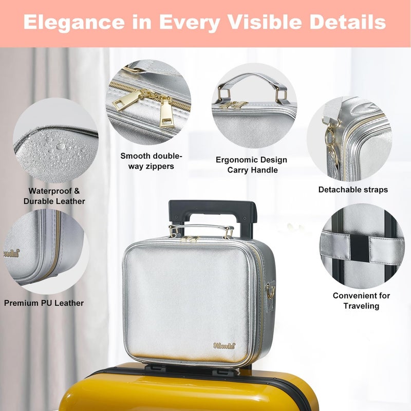 Mocado Travel Makeup Bag with LED Lighted Mirror,Travel Makeup Organizer,Makeup Case with 3 Color Lighted Setting and 10x Magnifying Mirror,Portable Storage and Adjustable Dividers Makeup Box(Silver) - Image 2