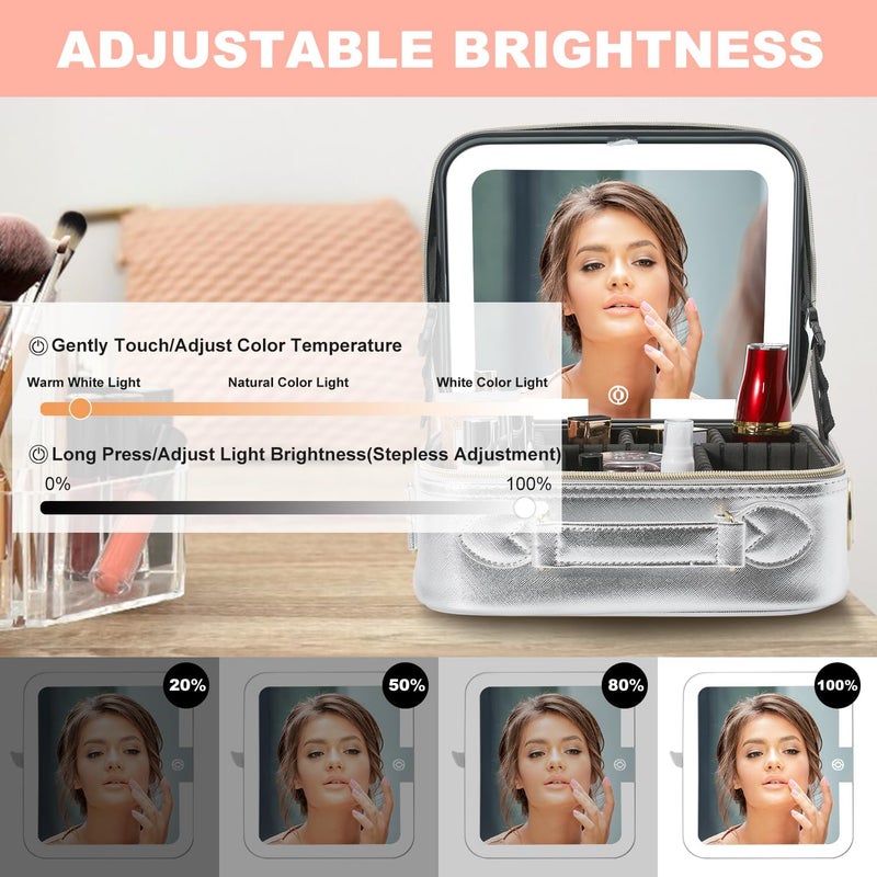 Mocado Travel Makeup Bag with LED Lighted Mirror,Travel Makeup Organizer,Makeup Case with 3 Color Lighted Setting and 10x Magnifying Mirror,Portable Storage and Adjustable Dividers Makeup Box(Silver) - Image 4
