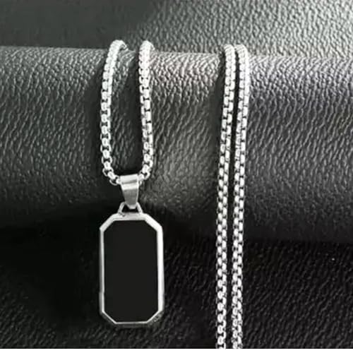 M Men Style Rectangular Black Glass Cut Plate Necklace Pendant Chain | Stainless Steel Black Silver Locket Pendant Necklace Chain For Men Boys Anniversary Gift For Husband Gift Chains SPn2025230 - Image 4