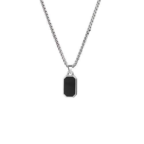 M Men Style Rectangular Black Glass Cut Plate Necklace Pendant Chain | Stainless Steel Black Silver Locket Pendant Necklace Chain For Men Boys Anniversary Gift For Husband Gift Chains SPn2025230 - Image 1