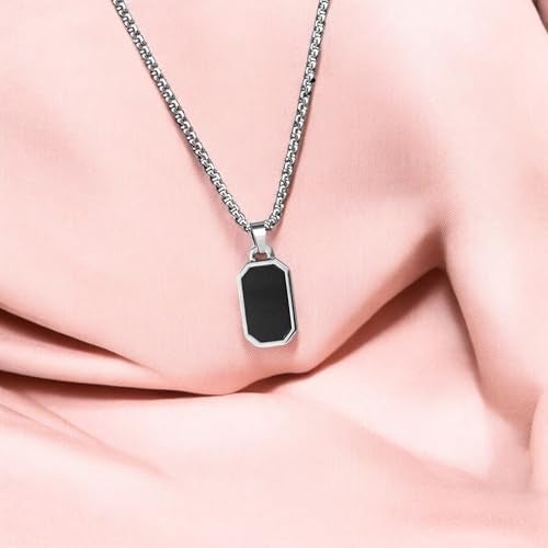 M Men Style Rectangular Black Glass Cut Plate Necklace Pendant Chain | Stainless Steel Black Silver Locket Pendant Necklace Chain For Men Boys Anniversary Gift For Husband Gift Chains SPn2025230 - Image 3