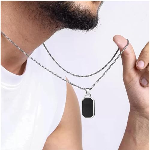 M Men Style Rectangular Black Glass Cut Plate Necklace Pendant Chain | Stainless Steel Black Silver Locket Pendant Necklace Chain For Men Boys Anniversary Gift For Husband Gift Chains SPn2025230 - Image 5
