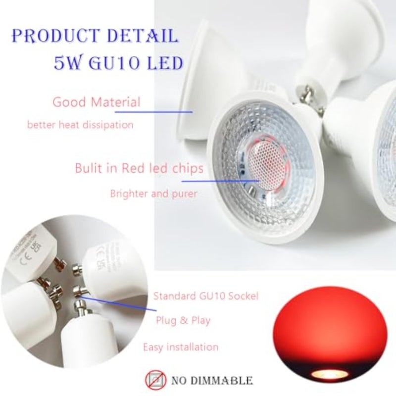 بقعة ضوء أحمر اللون GU10 LED مصباح 5 واط AC220-240 فولت MR16 GU10 بقعة 120 درجة استبدال زاوية الشعاع لـ 50 واط مصباح هالوجين لأضواء كاشفة لتزيين إضاءة الحفلات حزمة من 4، غير قابلة للتعتيم - Image 4