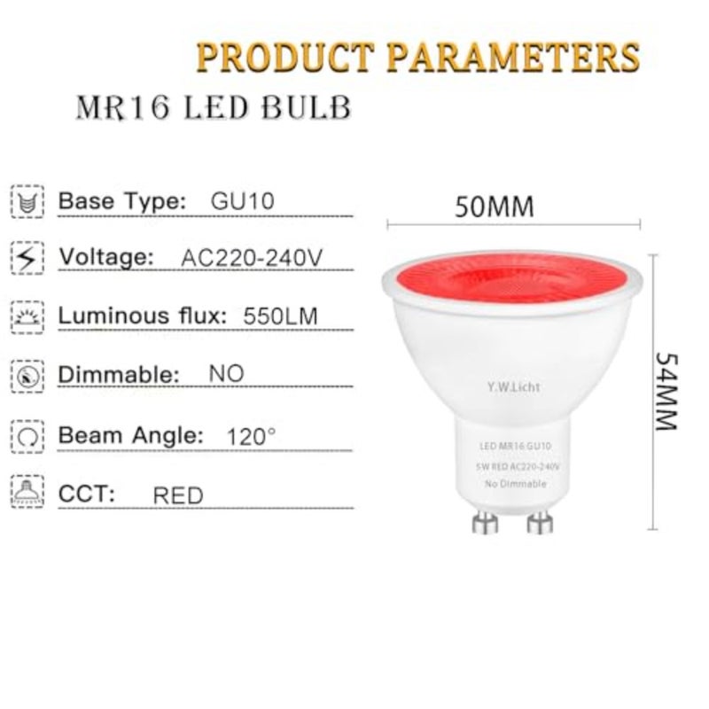 بقعة ضوء أحمر اللون GU10 LED مصباح 5 واط AC220-240 فولت MR16 GU10 بقعة 120 درجة استبدال زاوية الشعاع لـ 50 واط مصباح هالوجين لأضواء كاشفة لتزيين إضاءة الحفلات حزمة من 4، غير قابلة للتعتيم - Image 3