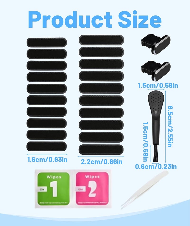 FFZDENA 20 قطعة ملصقات واقية من الغبار لمكبر صوت الهاتف، غطاء لاصق مضاد للغبار، يتضمن قابس مضاد للغبار، فرشاة لتنظيف منفذ الهاتف وملاقط مناسبة لـ iPhone 14، 13، 12 Pro Max، 11 - Image 2