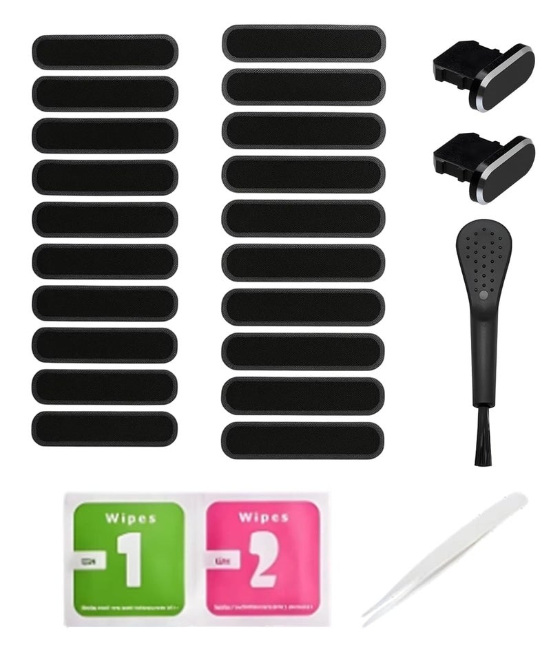 FFZDENA 20 قطعة ملصقات واقية من الغبار لمكبر صوت الهاتف، غطاء لاصق مضاد للغبار، يتضمن قابس مضاد للغبار، فرشاة لتنظيف منفذ الهاتف وملاقط مناسبة لـ iPhone 14، 13، 12 Pro Max، 11 - Image 1