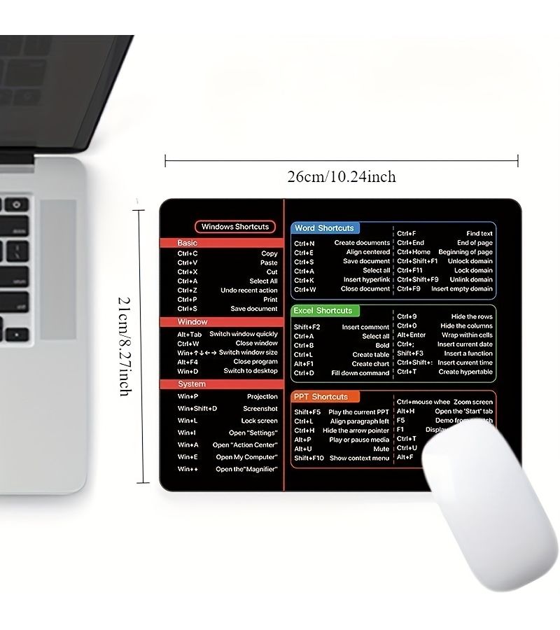 Washable Portable Mouse Pad With Shortcut Keys For Excel Word PowerPoint Windows Desk Mat Color Coded Design Step By Step Guide 10.2x8.3x0.08 Inch - Image 2