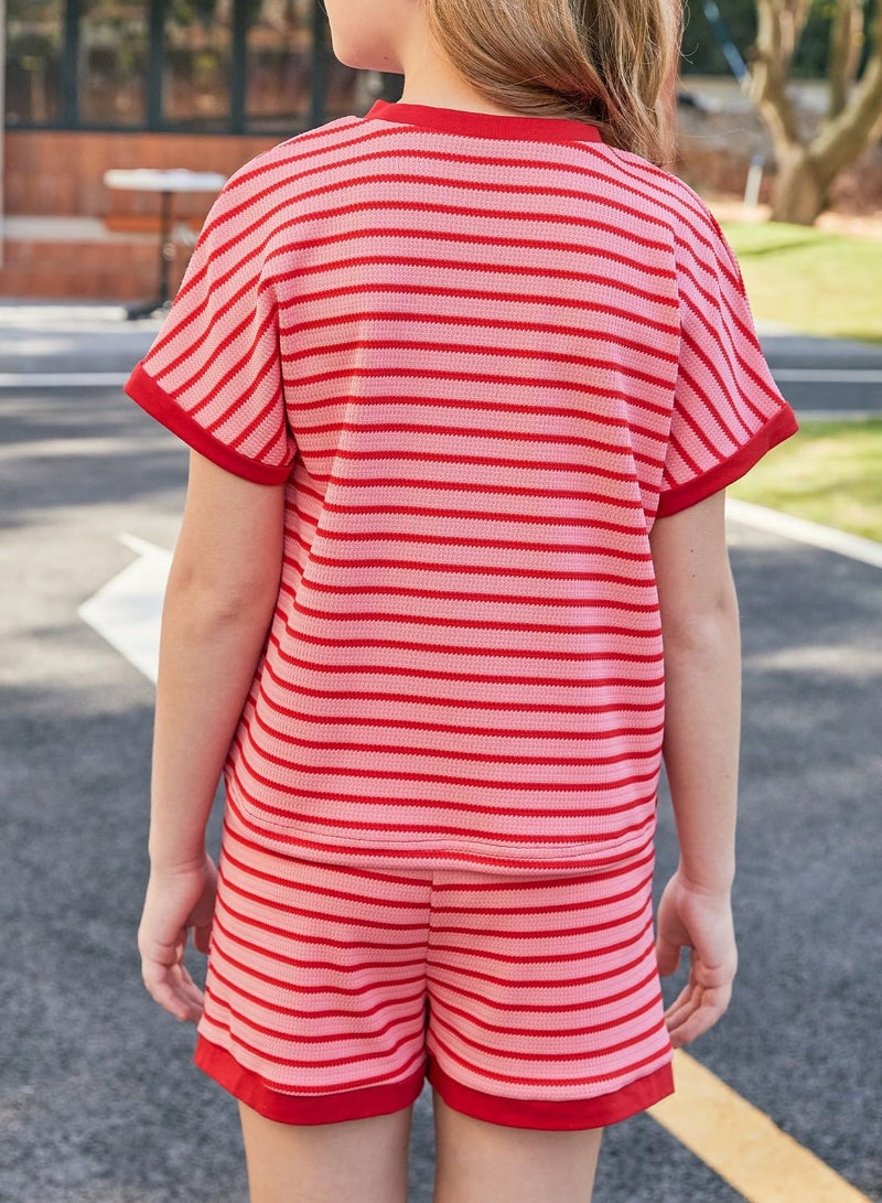 blibean Tween Girls Spring Clothes Sets Big Kids Striped Short Sleeve Outfits Teen Trendy Two Piece Clothing Vacation Lounge Dress Shirt Shorts Easter Rompers Size 14 15 16 Years Old Red - Image 3