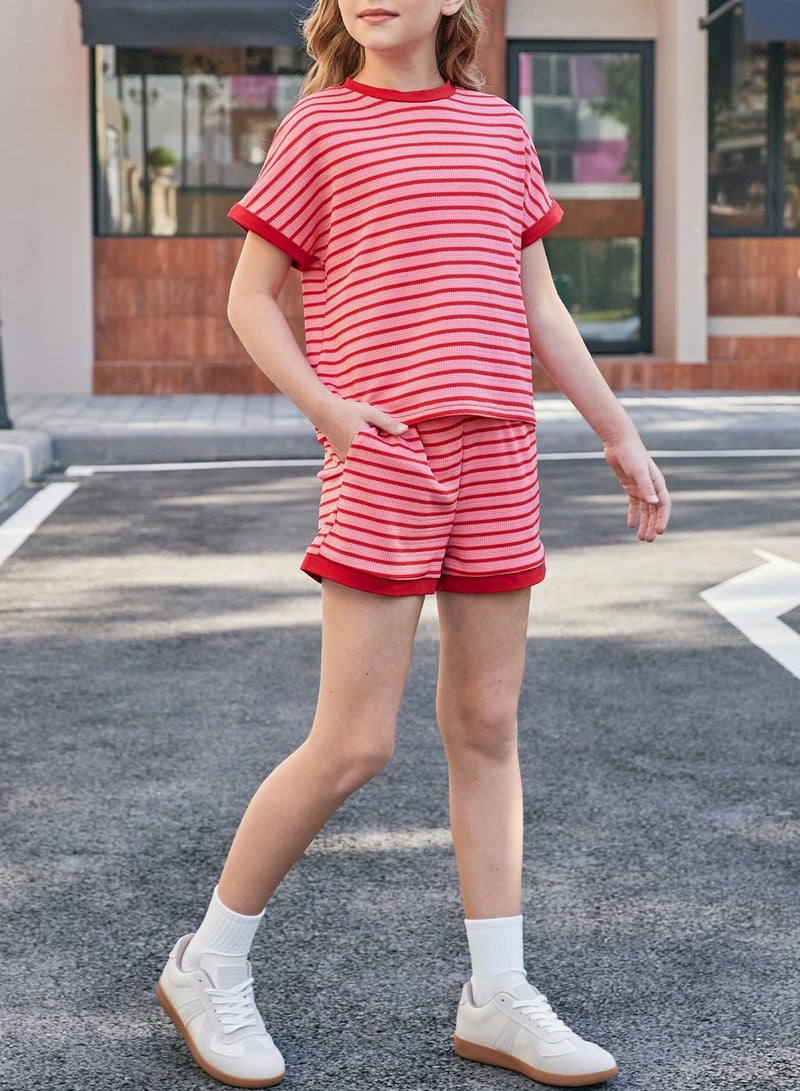 blibean Tween Girls Spring Clothes Sets Big Kids Striped Short Sleeve Outfits Teen Trendy Two Piece Clothing Vacation Lounge Dress Shirt Shorts Easter Rompers Size 14 15 16 Years Old Red - Image 5