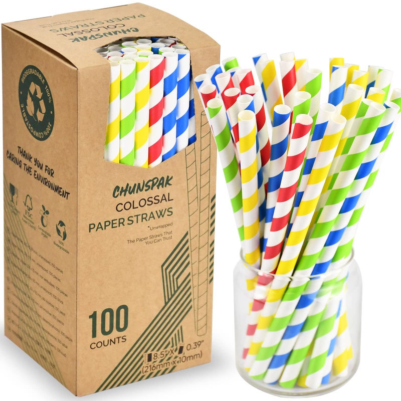 10mm Wide 85 inch Colossal Paper Straws for Smoothie  Milkshake  Colorful Stripes Pack of 100