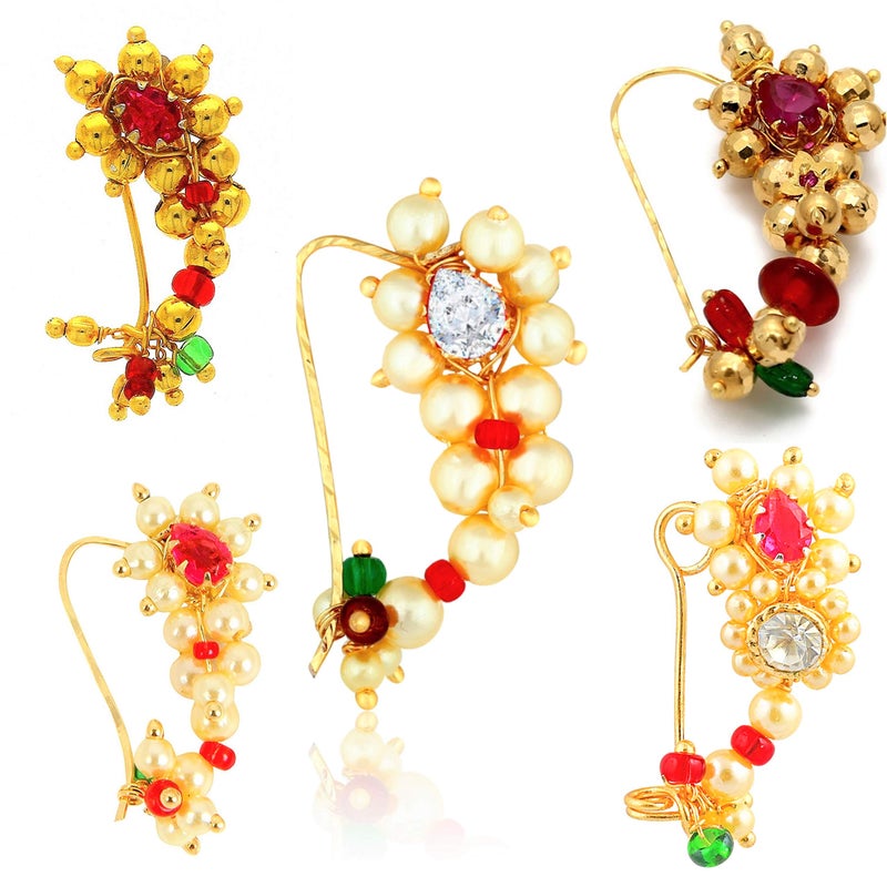 MEENAZ Maharashtrian Traditional Pearl Temple Jewellery marathi Banu Nathiya Nose pin Nath Nose Ring for Wedding Women Girls design Combo Gold Press pin Non pierced (5 pcs) -NATH COMBO-144 - Image 3