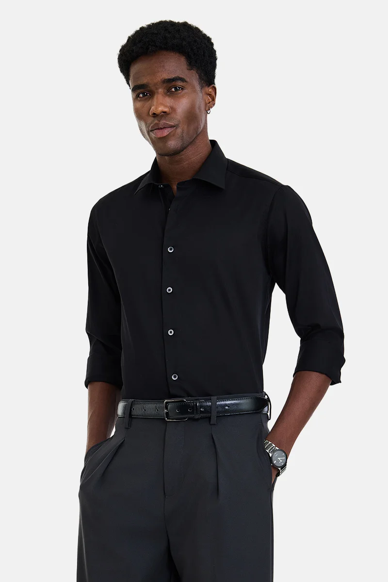 SNITCH Black Textured Long Sleeve Slim Fit Shirt
