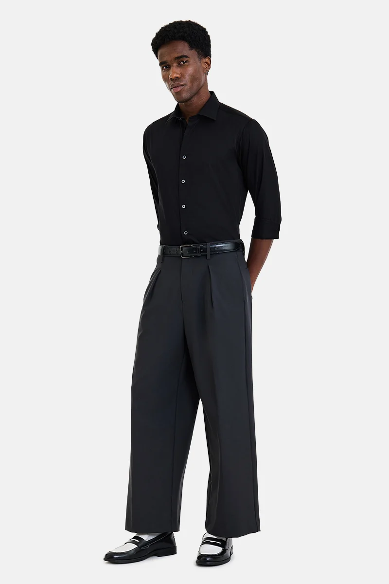 SNITCH Black Textured Long Sleeve Slim Fit Shirt