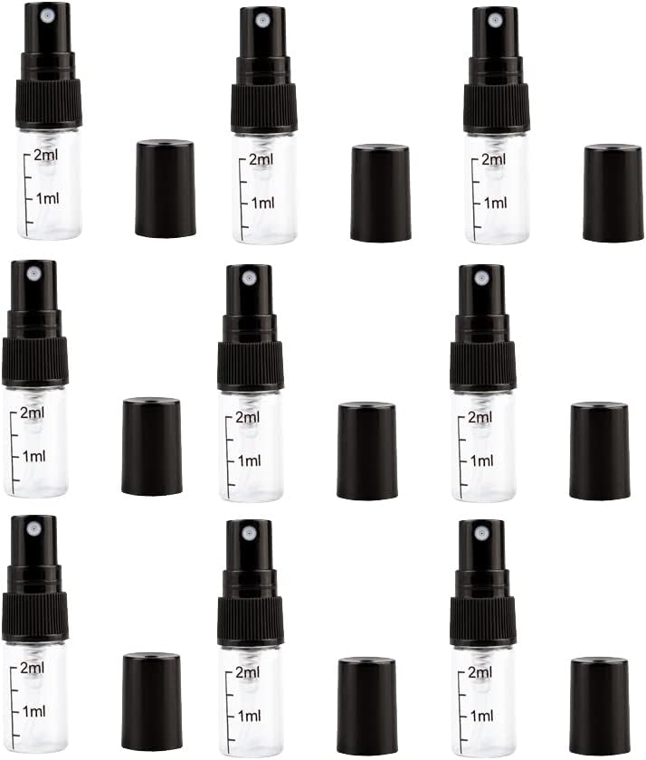 20 Pcs 2ml Mini Glass Spray Bottles Transparent Perfume Sample Bottles Portable Fragrance Atomizer with Scale for Travel Purse Black