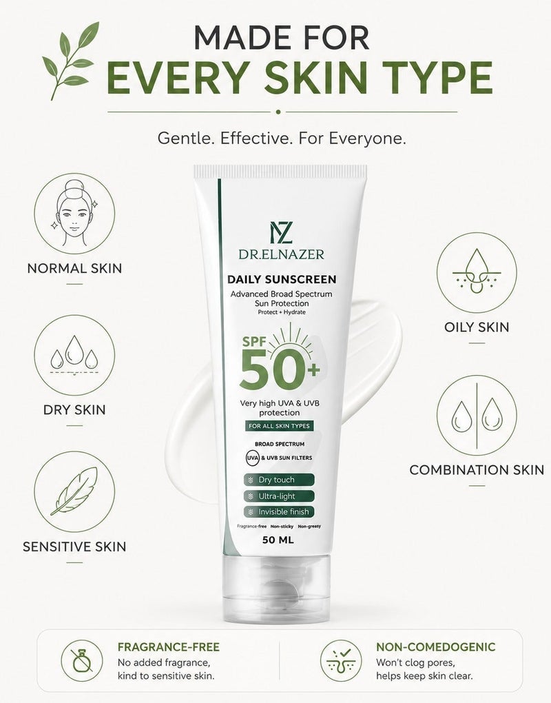 دالناظر حماية عالية +SPF 50 | واقي شمس يومي للوجه بعامل حماية +SPF 50، حماية واسعة النطاق من أشعة UVA وUVB، بتركيبة فائقة الخفة بلمسة غير مرئية، سريعة الجفاف وغير دهنية، خالٍ من العطور لجميع أنواع البشرة – 50 مل - Image 3