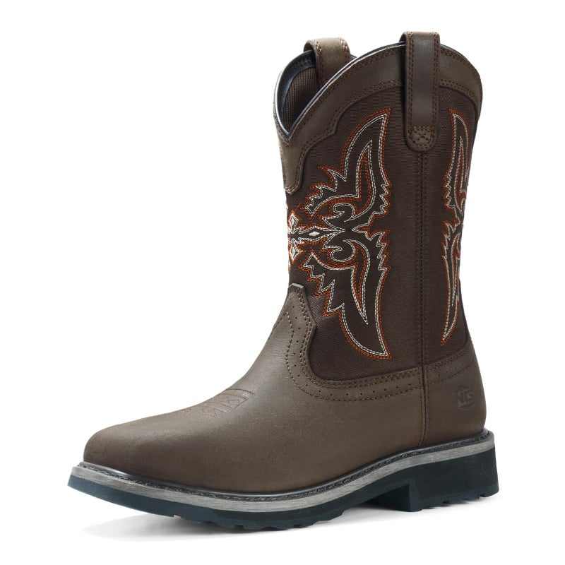 NINGO Steel Toe Boots for Men, Comfortable Square Toe Cowboy Work Boots with Water Resistant Leather, Slip On Design Mens Western Boot with Non Slip Outsole for Construction Industrial Farming - Image 1