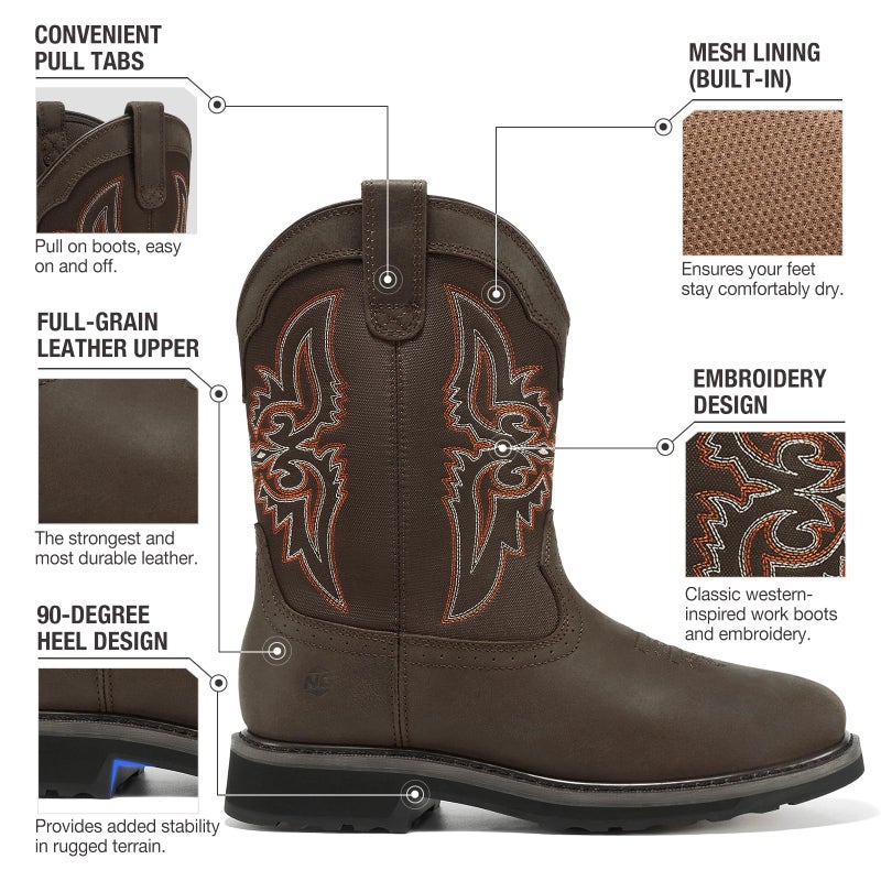 NINGO Steel Toe Boots for Men, Comfortable Square Toe Cowboy Work Boots with Water Resistant Leather, Slip On Design Mens Western Boot with Non Slip Outsole for Construction Industrial Farming - Image 3