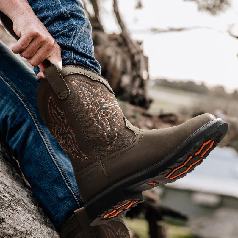 NINGO Steel Toe Boots for Men, Comfortable Square Toe Cowboy Work Boots with Water Resistant Leather, Slip On Design Mens Western Boot with Non Slip Outsole for Construction Industrial Farming - Image 2