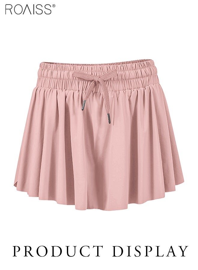 roaiss Fake Two-Piece Double-Layer Design Quick-Drying Yoga Shorts for Women's Daily Fitness Sports Elastic Waist Drawstring Shorts - Image 5