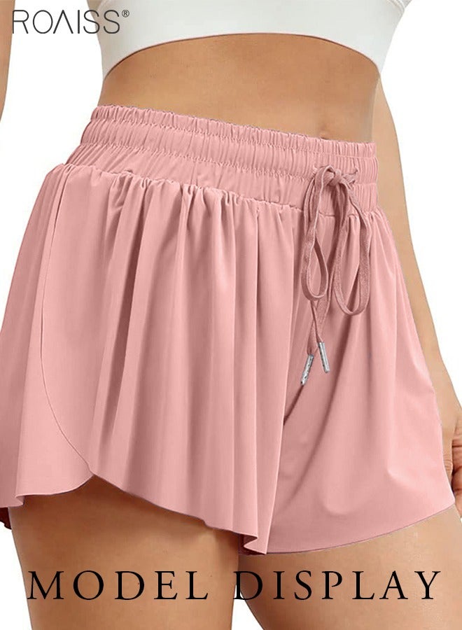 roaiss Fake Two-Piece Double-Layer Design Quick-Drying Yoga Shorts for Women's Daily Fitness Sports Elastic Waist Drawstring Shorts - Image 1