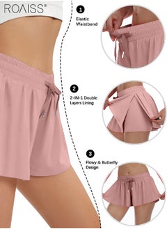 roaiss Fake Two-Piece Double-Layer Design Quick-Drying Yoga Shorts for Women's Daily Fitness Sports Elastic Waist Drawstring Shorts  - Image 4
