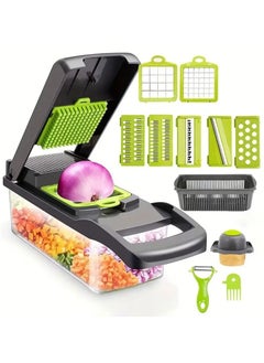 Multifunctional Vegetable Slicer and Shredder Set, Manual Food Prep Cutter with Interchangeable Blades, Onion Dicer, Potato Ribbon Cutter, Kitchen Gadget with Container, with Safe for Food Contact
