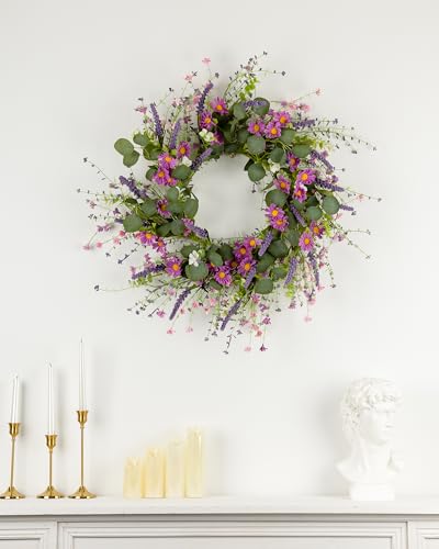YUGALI 26" Spring Summer Wreaths for Front Door, Artificial Green Eucalyptus Lavender Purple Daisies Wildflower Berries Handmade Floral Year Round Indoor Outdoor Porch Home Decor - Image 4